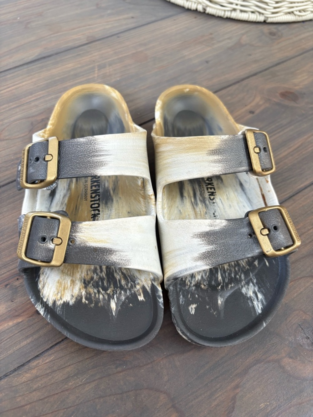 Birkenstock Kids Two-Strap Sandals in Black, Gold, Cream